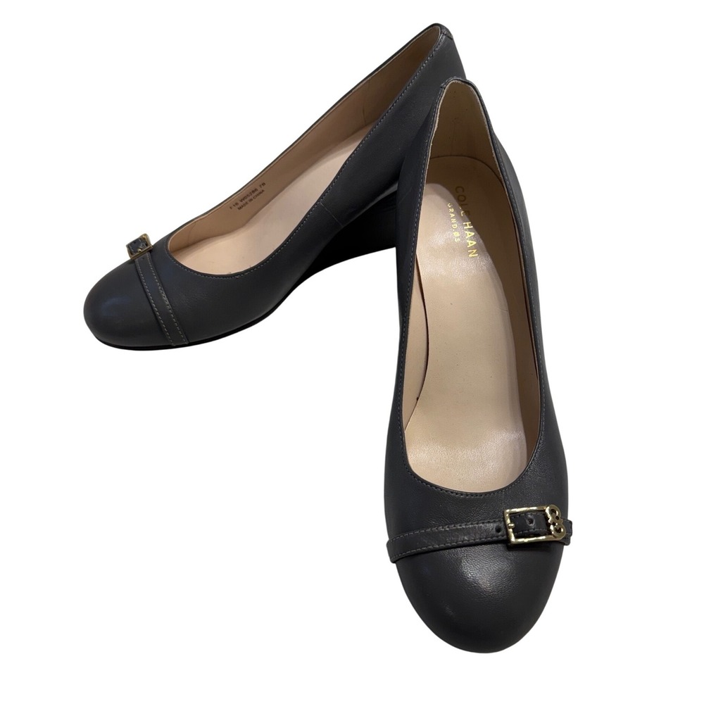 Cole Haan Wedge Pumps Womens 7B Grey EUC Grand.OS Leather Buckle W05286‎